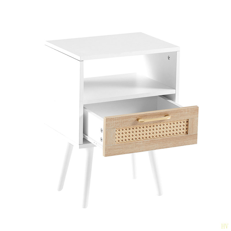 15.75" Rattan End Table With  Drawer And Solid Wood Legs, Modern Nightstand, Side Table For Living Room, Bedroom, White