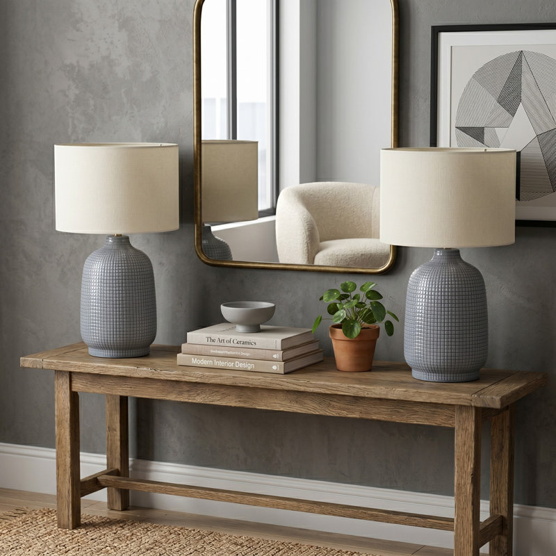 Harmanjit Textured Modern 19"H Ceramic Cylinder Mesh Table Lamp, Blue