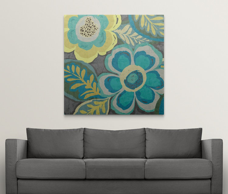 «Floral Assortment Teal on Dark Grey», reproduction d'art, H 30 po x l 30 po x P 1,5 po, Toile