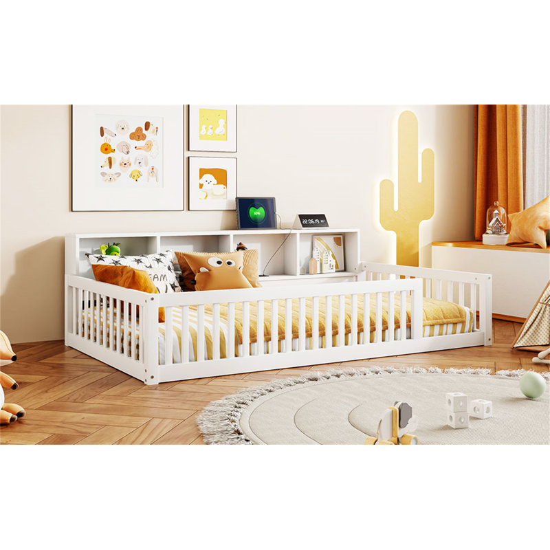 Lit en bois avec armoires de rangement et ports USB, Blanc