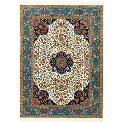 Tapis floral bleu / noir / jaune en laine noué à la main 6 pi 7 po x 9 pi 1 po Poppy-Grace