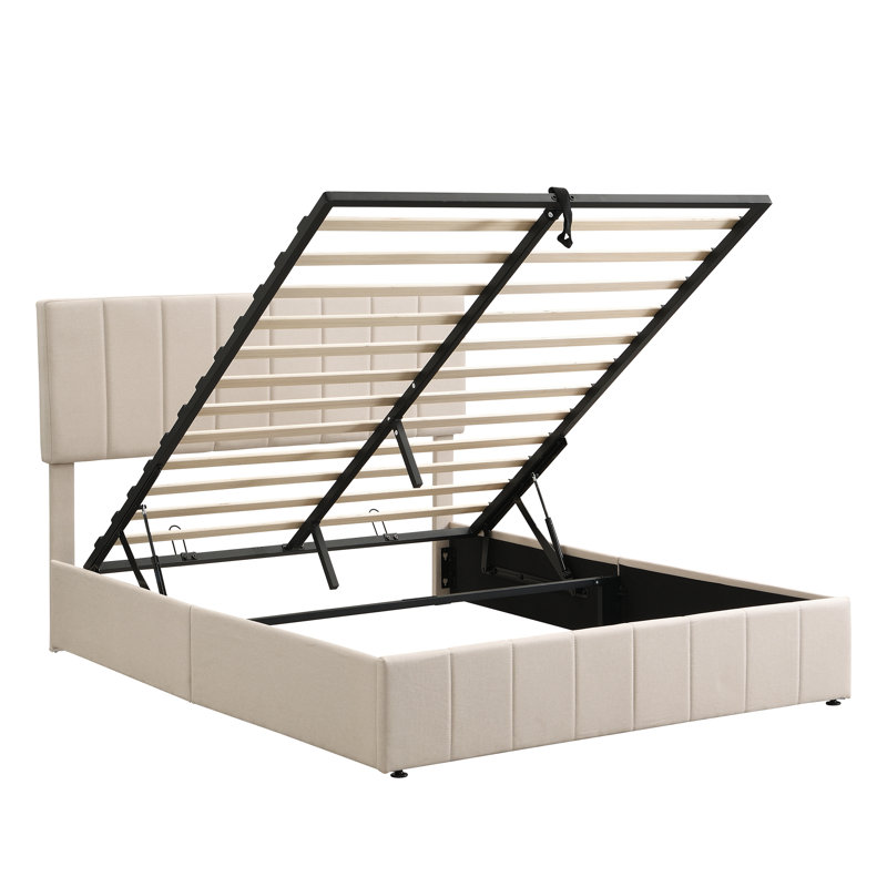 Upholstered Lift Up Storage Platform Bed with Tufted Headboard, Queen, Beige 