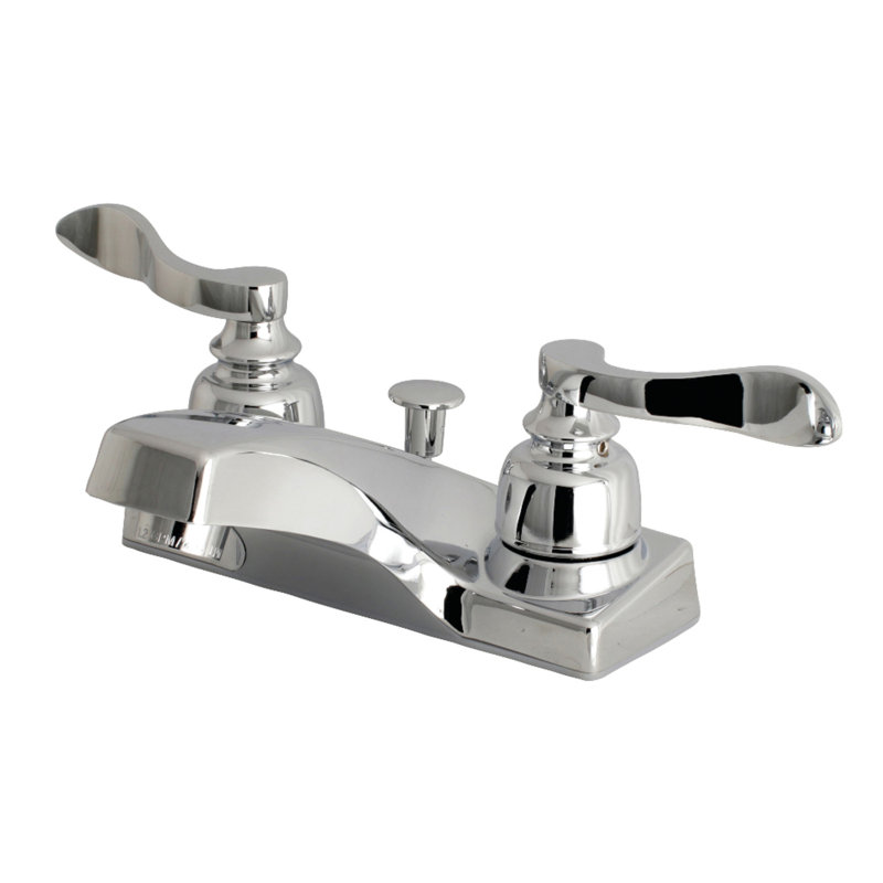 Kingston Brass NuWave French Two-Handle 3-Hole Deck Mount 4" Centerset Bathroom Faucet with Plastic Pop-Up