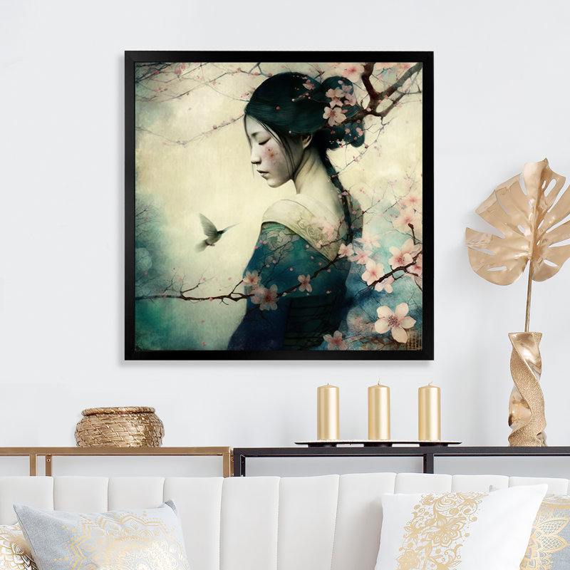 Femme japonaise rétro avec des fleurs de cerisier - impression sur toile, H 16 po x l 16 po x P 1 po