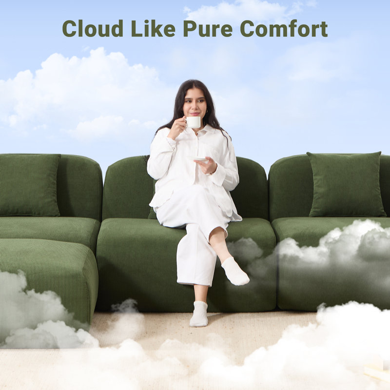 118.5"Comfy Cloud Modern Couch Modular Sectional Sofa Compression, Green Corduroy