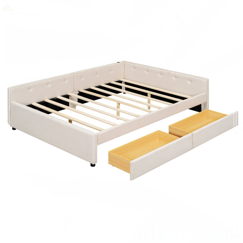 Grand lit plateforme tapissier avec port USB et 2 tiroirs, Grand lit