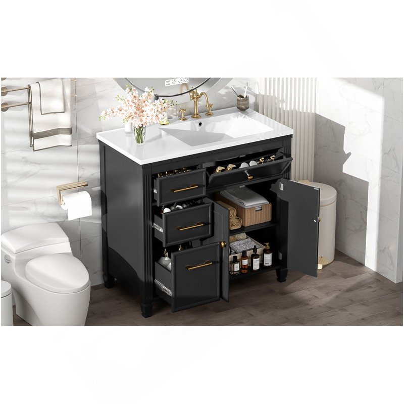 36" Bathroom Vanity With Sink, Ceramic Sink, One Tip-Out Drawer, 3 Side Drawers, Adjustable Shelf, Black, Black