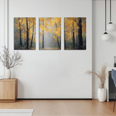 Autumn Forest Trees Yellow Leaves Oil Painting Print Canvas Wrapped Wall Art Set of 3