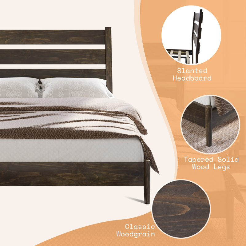 Dark Brown Pine Queen Bed Frame with Slatted Headboard