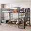 Lit mezzanine double en métal avec escalier, table de rangement basse et tablettes de rangement