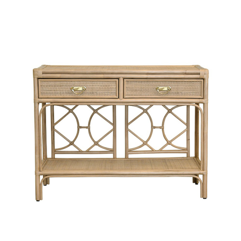 Two Drawer Console with Decorative Back Rattan, Brown