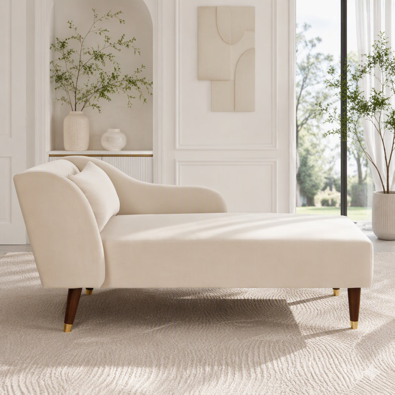 Chaise longue moderne en velours avec dossier inclinable et coussin, Velours beige