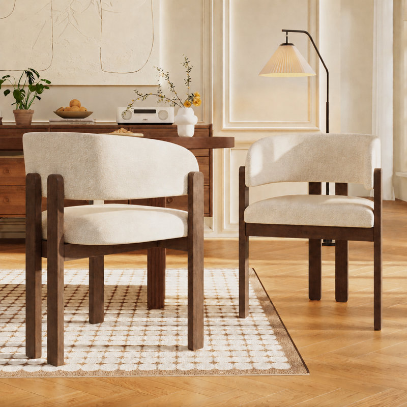 Boucle Upholstered Wing Back Armchair in Beige, Walnut