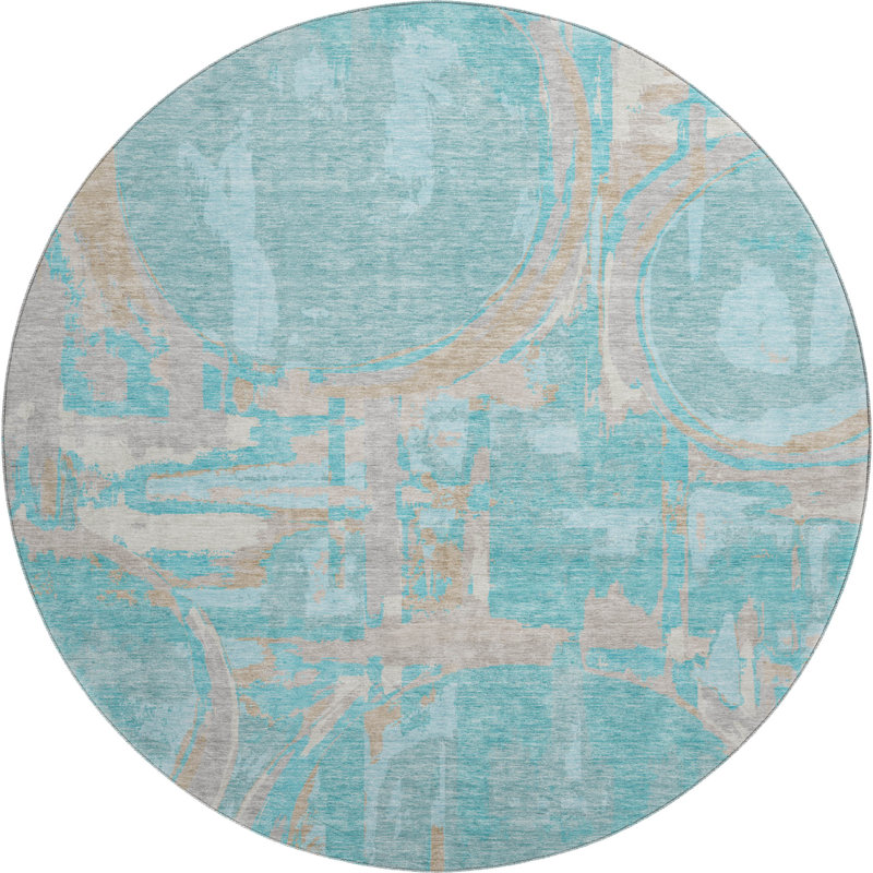Premium Machine Washable Prisco Teal Rug, Round 8'