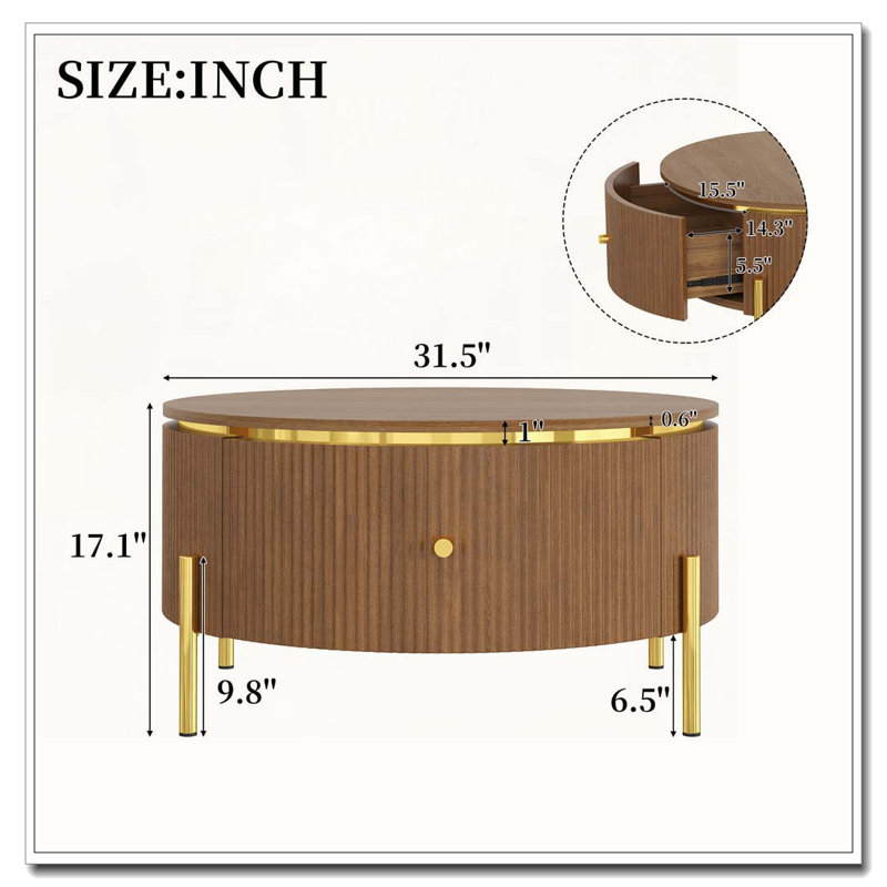 Table basse ronde moderne avec 2 grands tiroirs, Brun