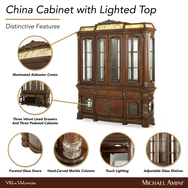 Villa Valencia Solid Wood Lighted China Cabinet, With