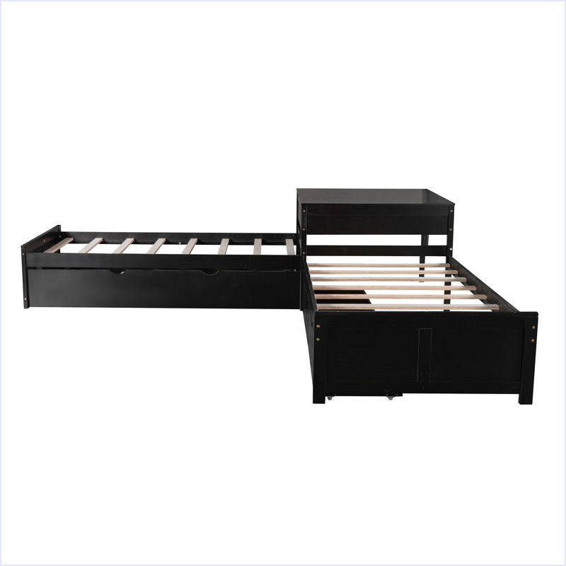 L-Shaped Platform Bed With Trundle And Drawers Linked With Built-In Desk, Espresso