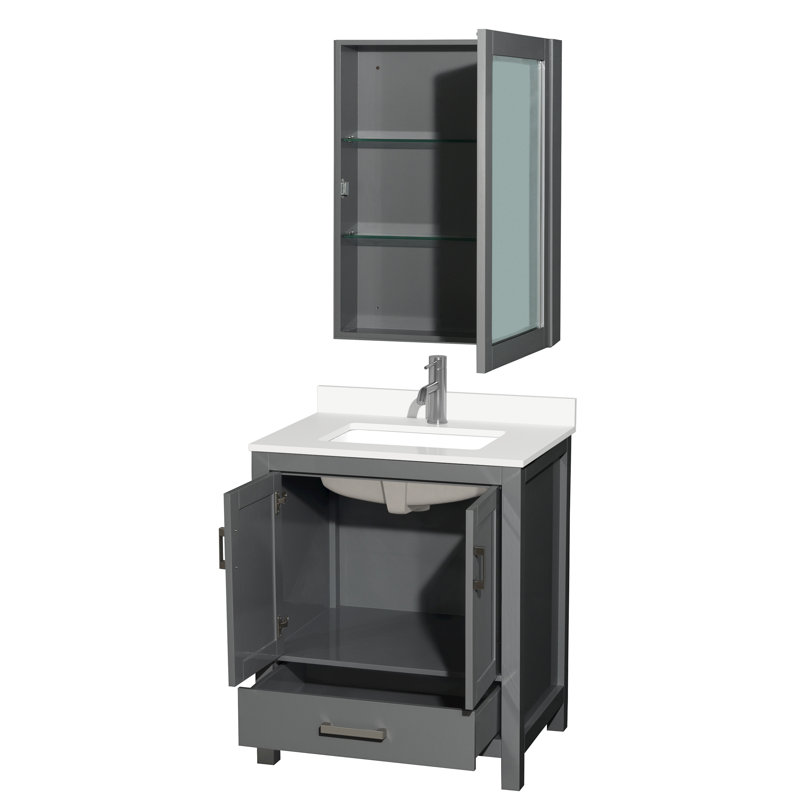 Sheffield 30" Freestanding Single Bathroom Vanity with Quartz Top with Medicine Cabinet, Dark Gray, Chrome, White Quartz