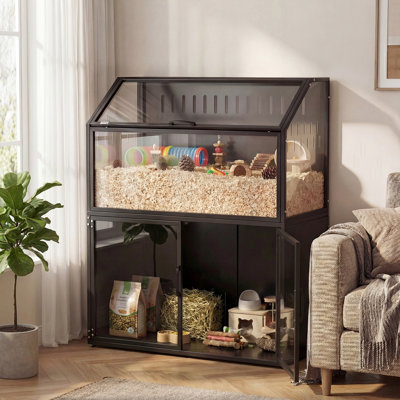 Hamster Cage with Storage Cabinet, Small Animal Cage with Easy View Acrylic Panels and Openable Top, Large Guinea Pig Habitat for Rat, Hedgehog, Gerbil, 41" x 16" x 40" H, Black