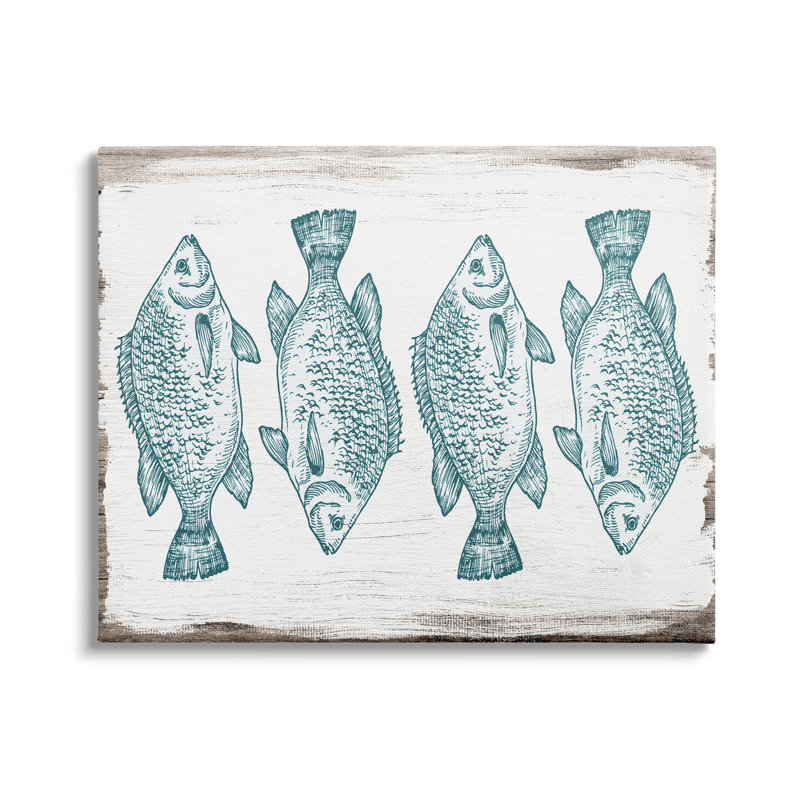 «Vintage Fish Illustration Nautical Pattern Blue White Brown» par Daphne Polselli - impression, H 16 po x l 20 po