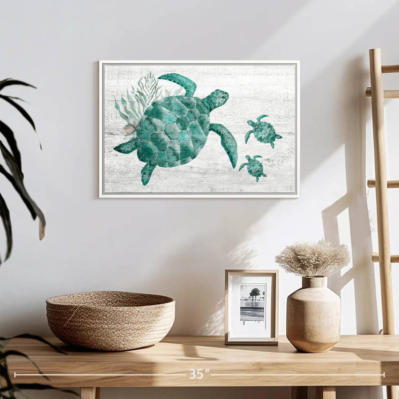 Famille de tortues en bois, Cadre flottant blanc, 19 po x 13 po