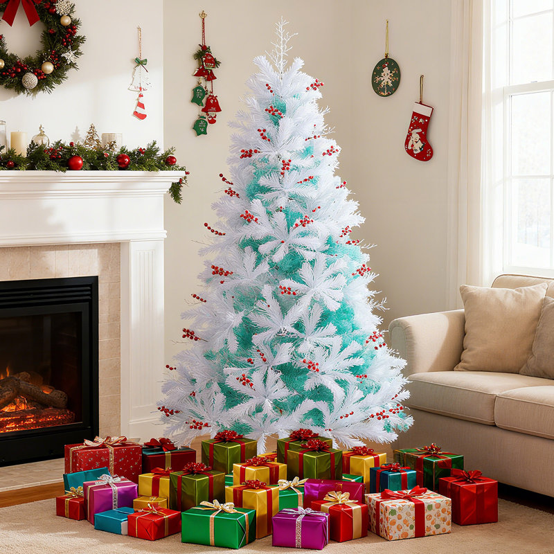 Arbre de Noël artificiel illuminé 6 pi avec 599 branches et 250 lumières DEL pour la fête, H 6 pi, Blanc