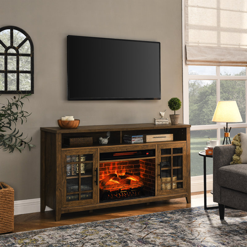 55 Inch Tv Media Stand With Electric Fireplace Kd Inserts Heater,reclaimed Barnwood Color