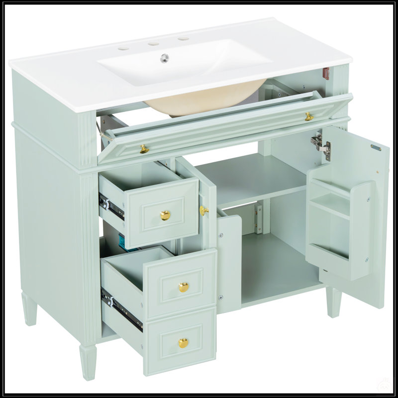 Meuble-lavabo de 36 po avec lavabo, armoire en bois massif, tiroir rabattable, portes à fermeture en douceur et poignées dorées
