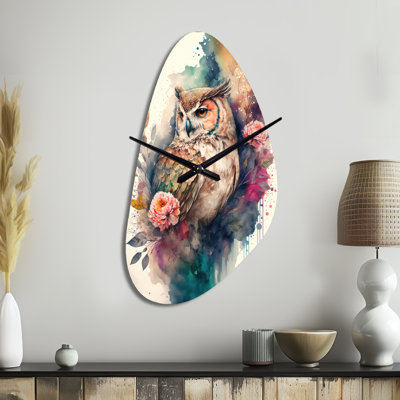 Cute Owls Floral Art II - Owl Asymmetrical Metal Clock, Modern Freeform Wall Clock Print