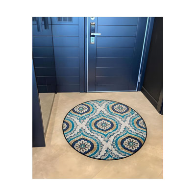Machine Washable Traditional Patterned Blue and Gray Round Woven Base Vintage Decorative Area Rug