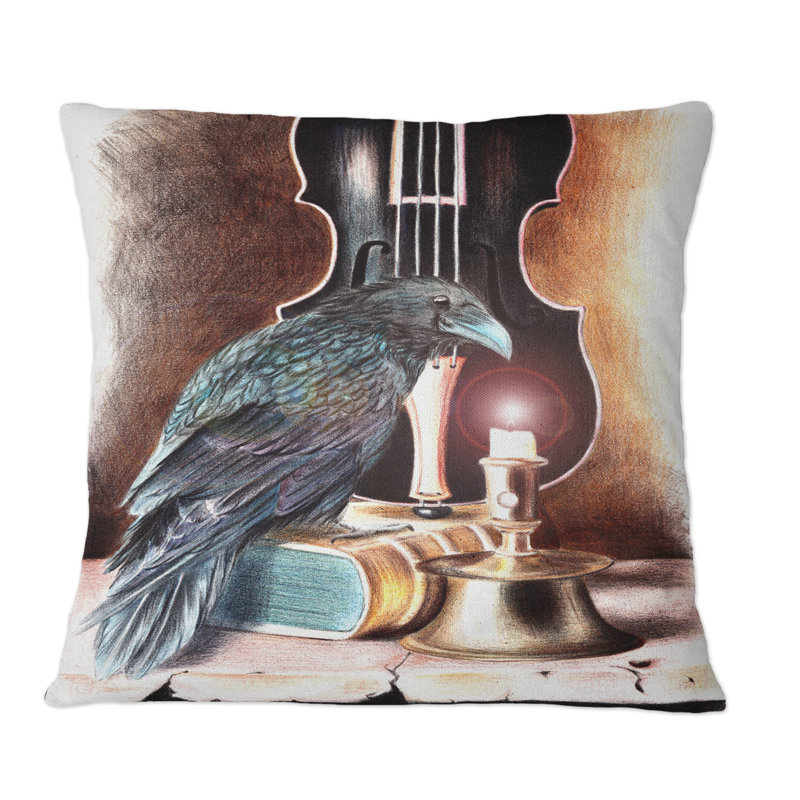Coussin Raven sur un livre avec violon - imprimé bohémien et éclectique, 16 po x 16 po