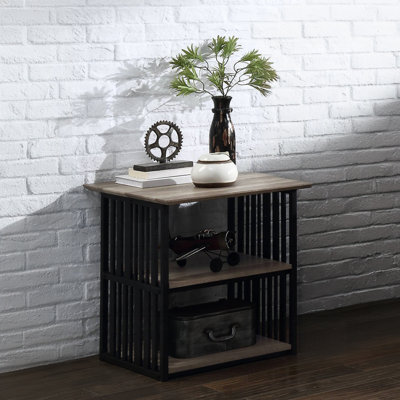 Rustic Industrial Nightstand, Black/Antique Oak Finish, Open Shelves, Metal Frame Bedroom Furniture | Gift Idea