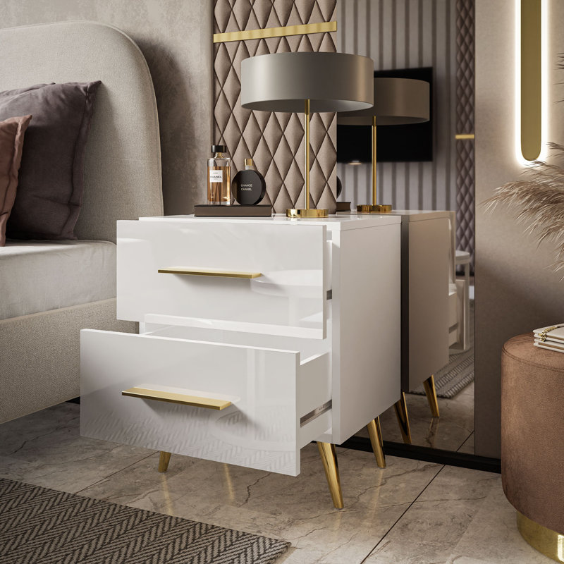 Berke LUX Nightstand on Legs with Glossy Top, White/Gold