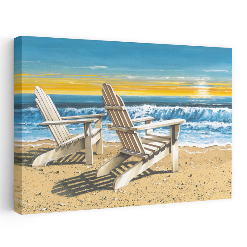 Just Just Sunset - Coastal Tropical, deux chaises Adirondack, coucher de soleil sur la plage, océan, H 16 po x l 24 po
