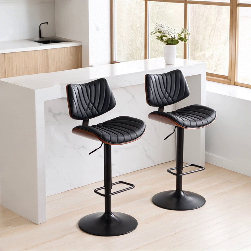 Mid Century Modern Adjustable Counter Height   Upholstered 360°Swivel Bar Chairs, Black Faux Leather