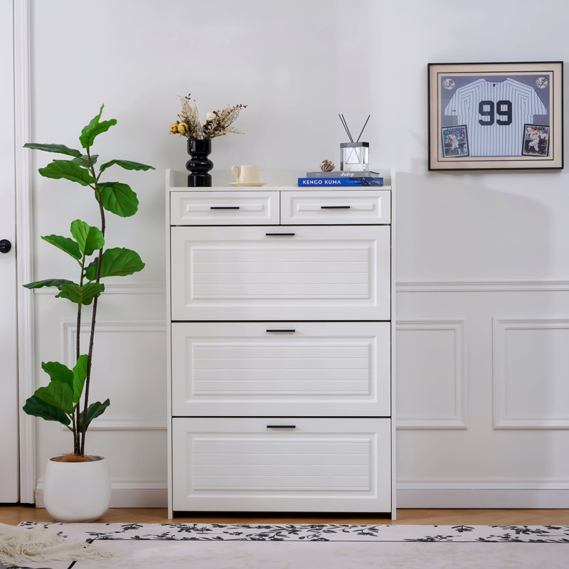 Two Drawers, Three-Fold Doors, Large Storage Shoe Cabinet, White