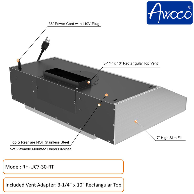 Hotte sous un meuble à conduit 30 pouces avec filtre à chicane et lumière incluse Awoco RH-UC7-30