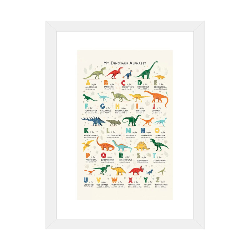 Dinosaur Alphabet - impression d'art graphique, H 24 po x l 16 po x P 1 po, Blanc, Papier encadré blanc