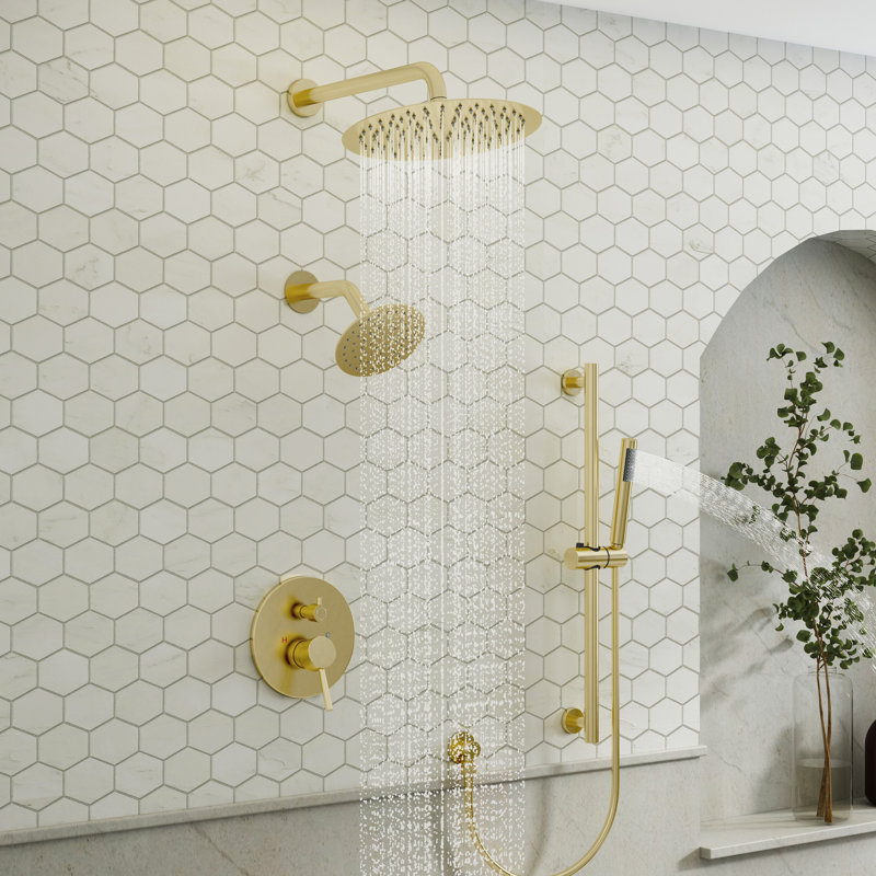Système de douche complet à 6 positions de 25 cm (10 po) avec deux pommes de douche et une barre de douche coulissante.