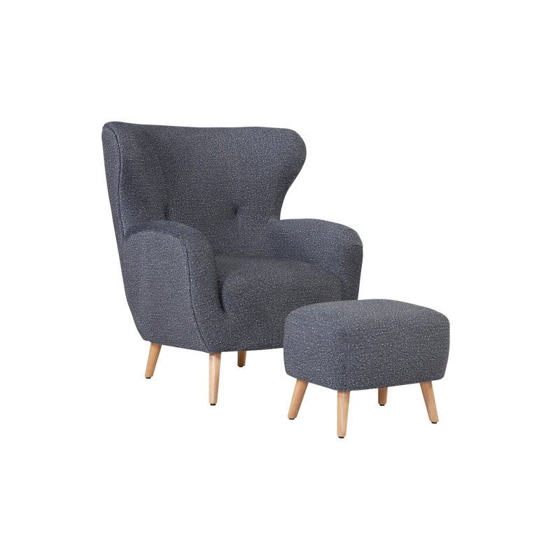Bijou Harvard Curved Wing Back Chair with Matching Ottoman, Gloss Boucle Otter Gray