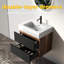 Meuble-lavabo de salle de bain, lavabo à quartz mural de 24 po, lavabo à quartz d'ingénierie, tiroirs doubles, conception de style Mid-Century, planches de classe E1, laque E0, poignée cachée pour les personnes âgées avec panneaux noirs, fermeture à 50000-131262041-131262044