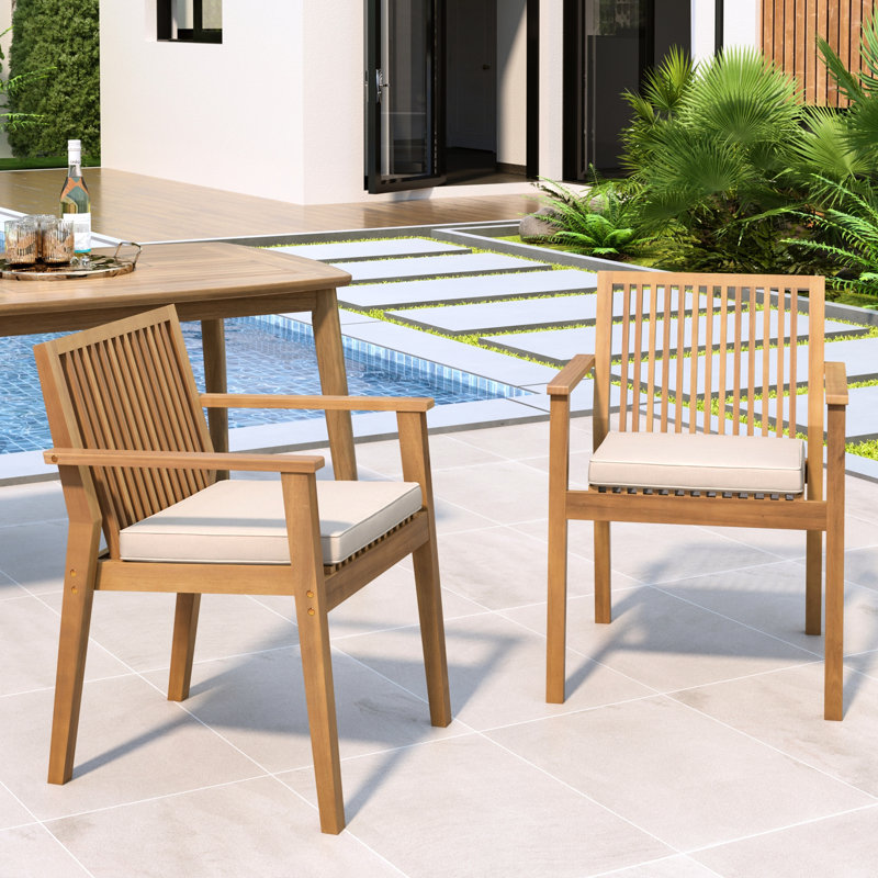 Outdoor Dining Chairs 2 - Piece Wood Frame, Comfortable Foam Filled Seats, Waterproof Covers, 400 Lbs Capacity, Brown And Beige For Patios Patio Chair Of Wood, Seating With Removable Cushions,