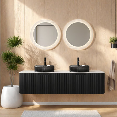 Meuble-lavabo moderne (doit inclure le meuble-lavabo et le lavabo), meuble-lavabo flottant noir de 60 pouces avec lavabos doubles en verre