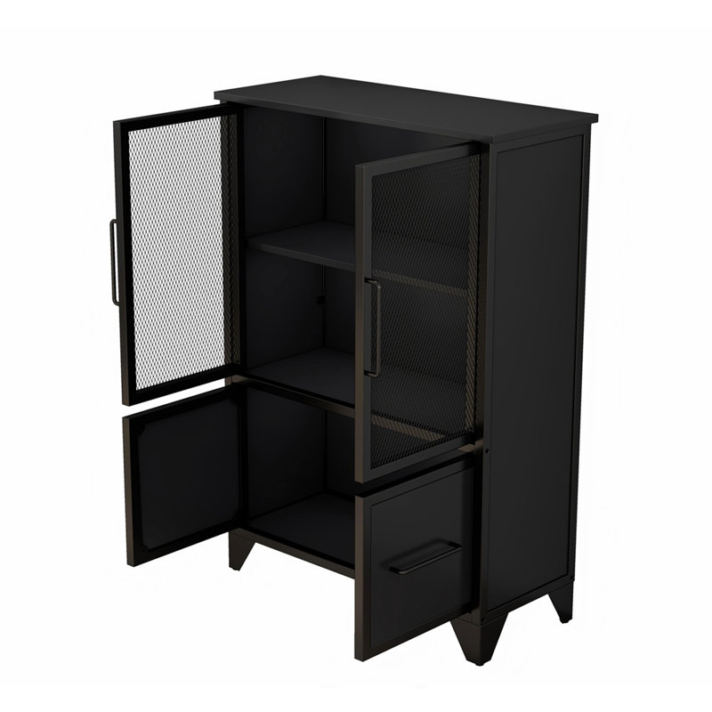 Armoire de rangement avec 4 portes en fer, poignée en métal noir, buffet avec tablette réglable, cadre en métal robuste noir et pieds en métal, facile à assembler, pour le salon, la cuisine, noir