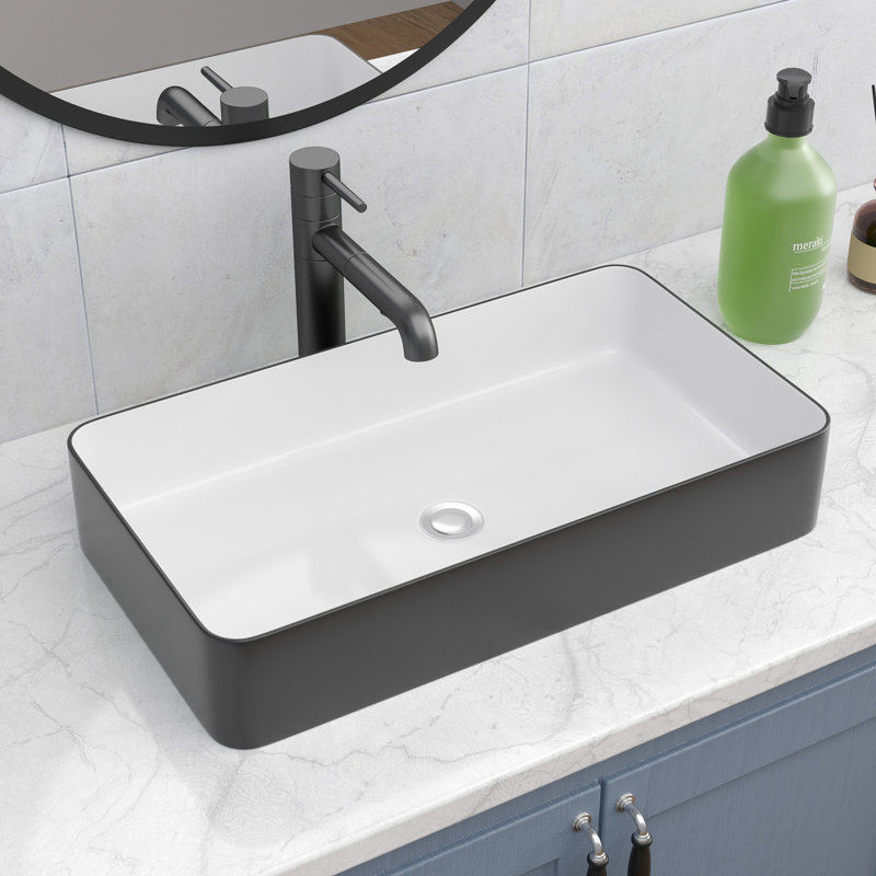 24"X 14" Bathroom Vessel Sink Rectangle Above Counter Ceramic Porcelain Vessel Sink Countertop Basin, White/Black