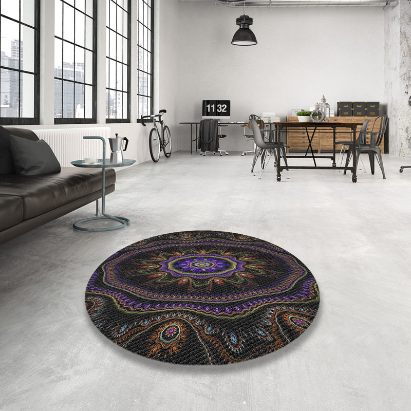 Tapis noir/bleu/noir tissé à la machine, Rond 6 pi
