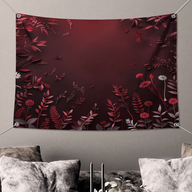 Tapisserie murale feuilles rouges - décoration murale florale, 104in H x88 with 4 Grommets