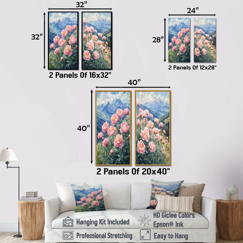 Pivoines dans la haute crête III - art mural floral 2 pièces, H 40 po x l 41 po, Toile tendue, Ne s'applique pas
