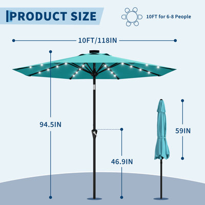 10FT LED Patio Umbrella with 180° Tilt Built-in Solar Lights Crank Waterproof Polyester