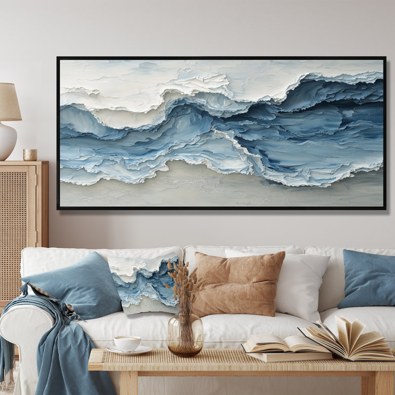 Waves Veil Of The Ocean III - art mural bord de mer pour le salon, H 28 po x l 60 po, Cadre flottant, Noir